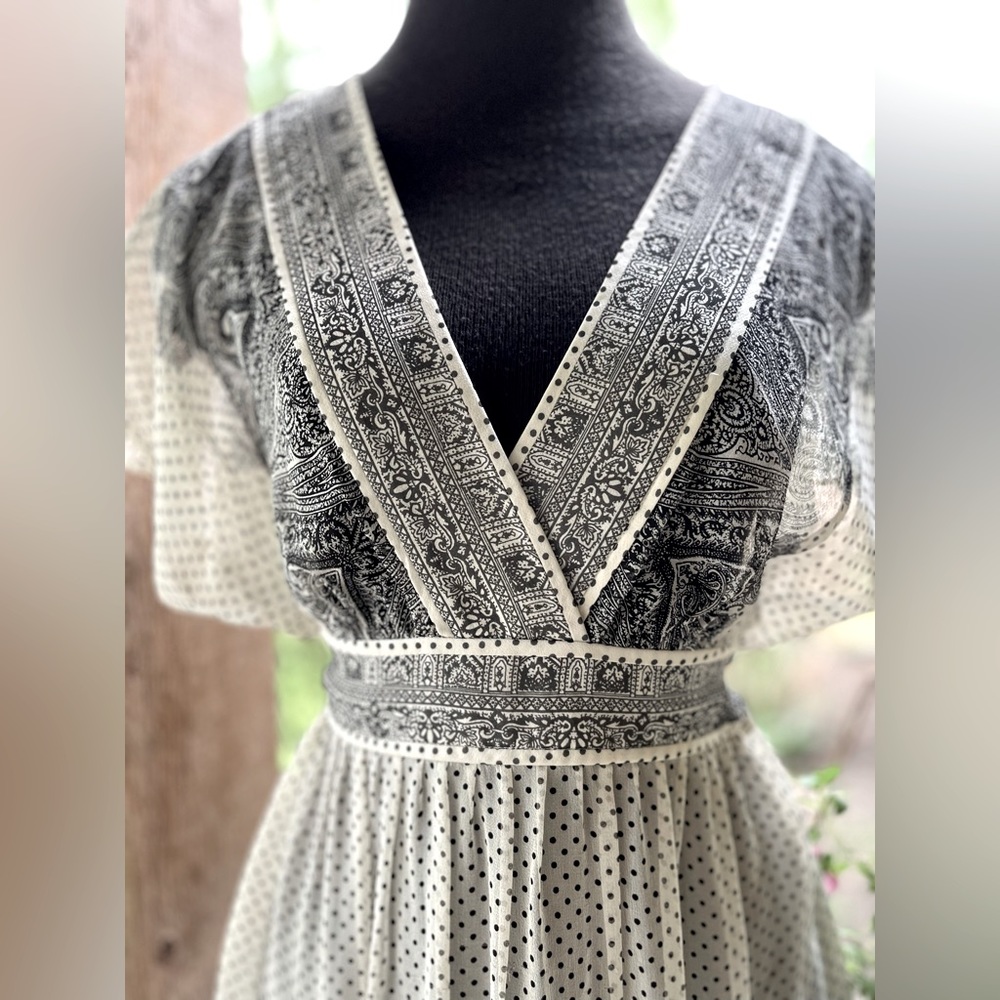 Vintage Adrianna Papell Silk Sheer Ivory & Black Polka Dot Flutter Sleeve Dress - Picture 3 of 12